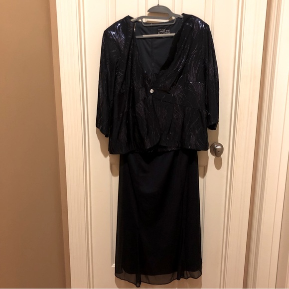 NWT/ NWOT Alex Evenings Tea Length Firework Sequin Jacket Dress Navy - Picture 13 of 16